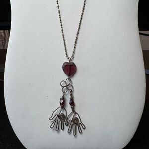 Eclectic Boho Silver Hamsa and Purple Heart Pendant Necklace